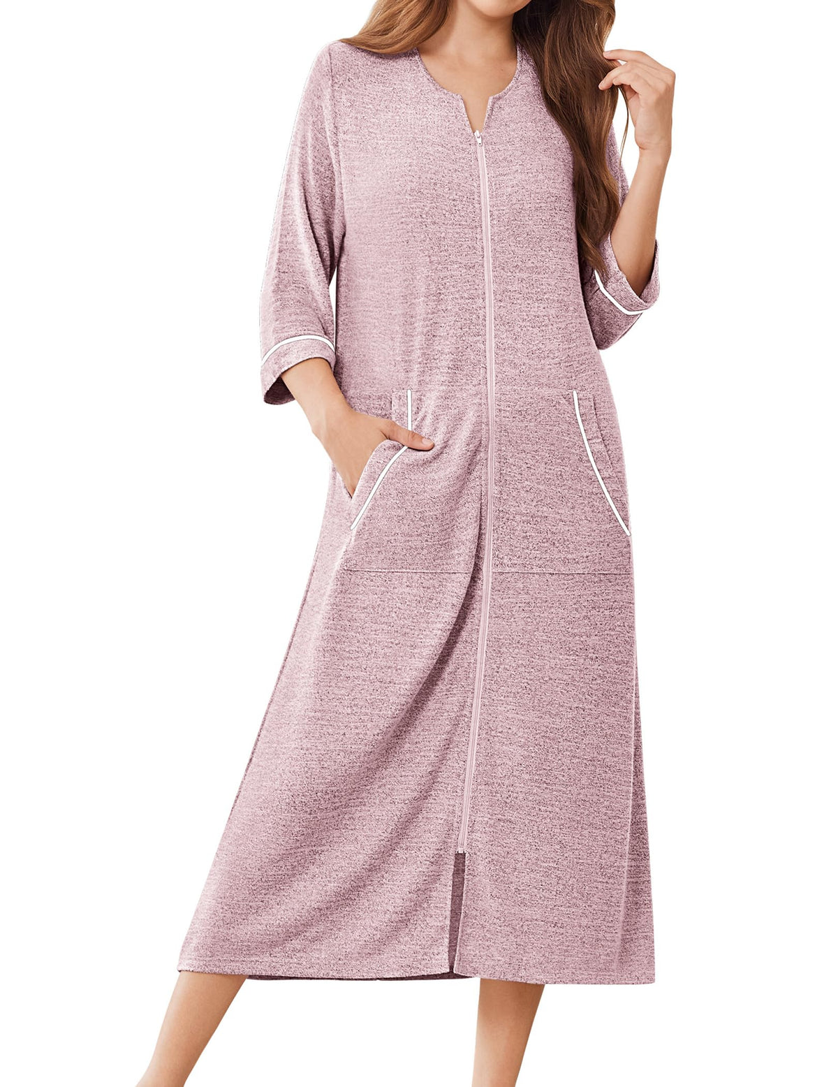 Ekouaer Zipper Robes for Women 3/4 Sleeve Bathrobe Lightweight House Coats