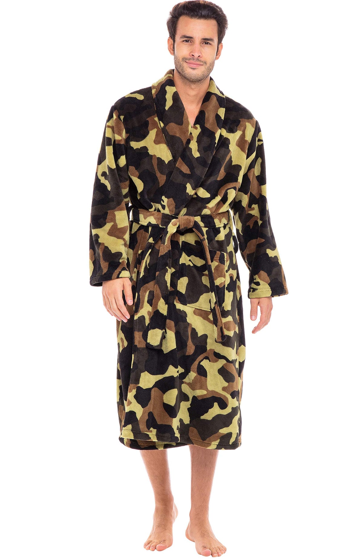 Men's Long Sleeve Lightweight Fleece Robe with Pockets, Bathrobe