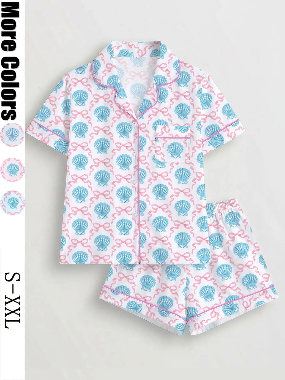 Women's 2-Piece Pajama Set, Shell Butterfly Print, Casual Fitted Top & Elastic Shorts, Comfortable Home Wear, Perfect Gift, Knit Loungewear Pajamas