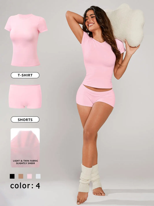Women's Solid Crop Tee & Shorts Loungewear, Casual Comfy Round Neck Short Sleeve T-Shirt & Shorts PJ Set, Ladies Sleepwear for All Seasons, Pajama, Casual Lightweight Loungewear