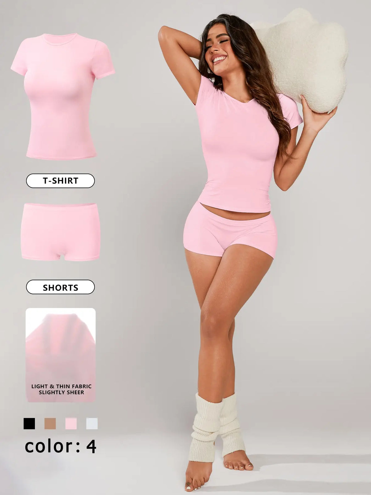 Women's Solid Crop Tee & Shorts Loungewear, Casual Comfy Round Neck Short Sleeve T-Shirt & Shorts PJ Set, Ladies Sleepwear for All Seasons, Pajama, Casual Lightweight Loungewear