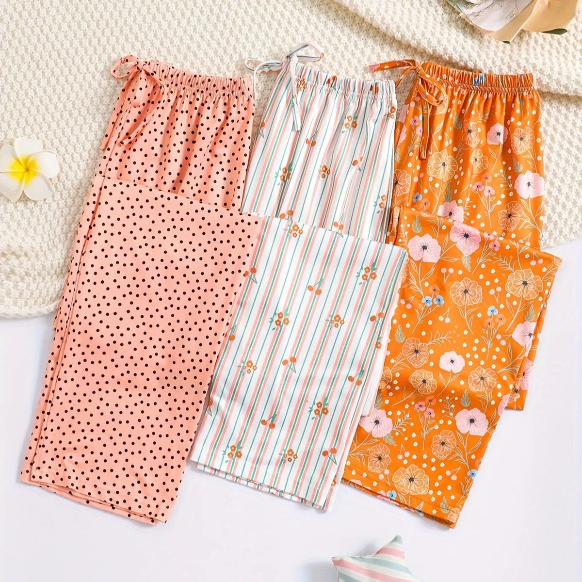 2026 Cute Summer 3 PCS Set Per Pack Sleeping Pants Women's Soft Drawstring Elastic Waist Loose Cute Heart Knit Causal Pajamas Trousers Red PJ Bottom Comfort Loungewear  Fabric Casual Floral Pajama Set pantalón  pijama matching pants pjs pants  pyjama