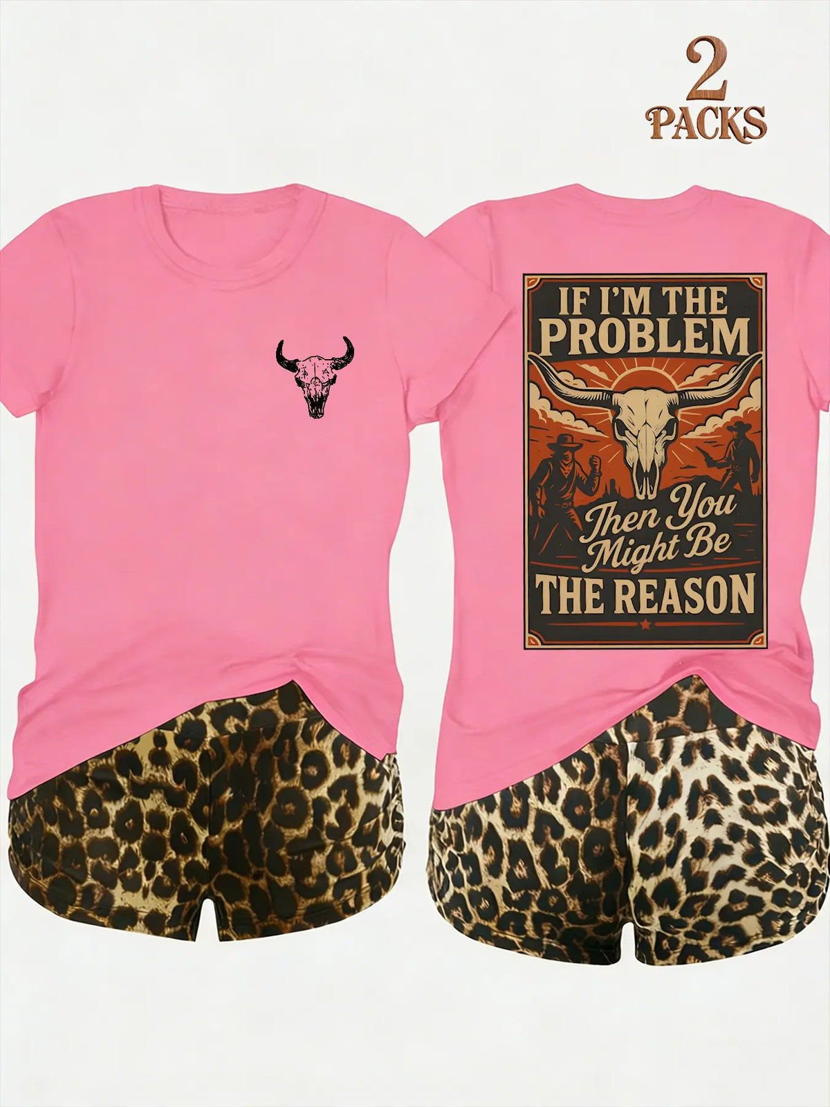 2-Pack Value Set, Matching Short-Sleeve Tees & High-Waisted Leopard Print Shorts, Comfortable Sleepwear for Lazy Days & Cozy Nights, Loungewear Pajama Set