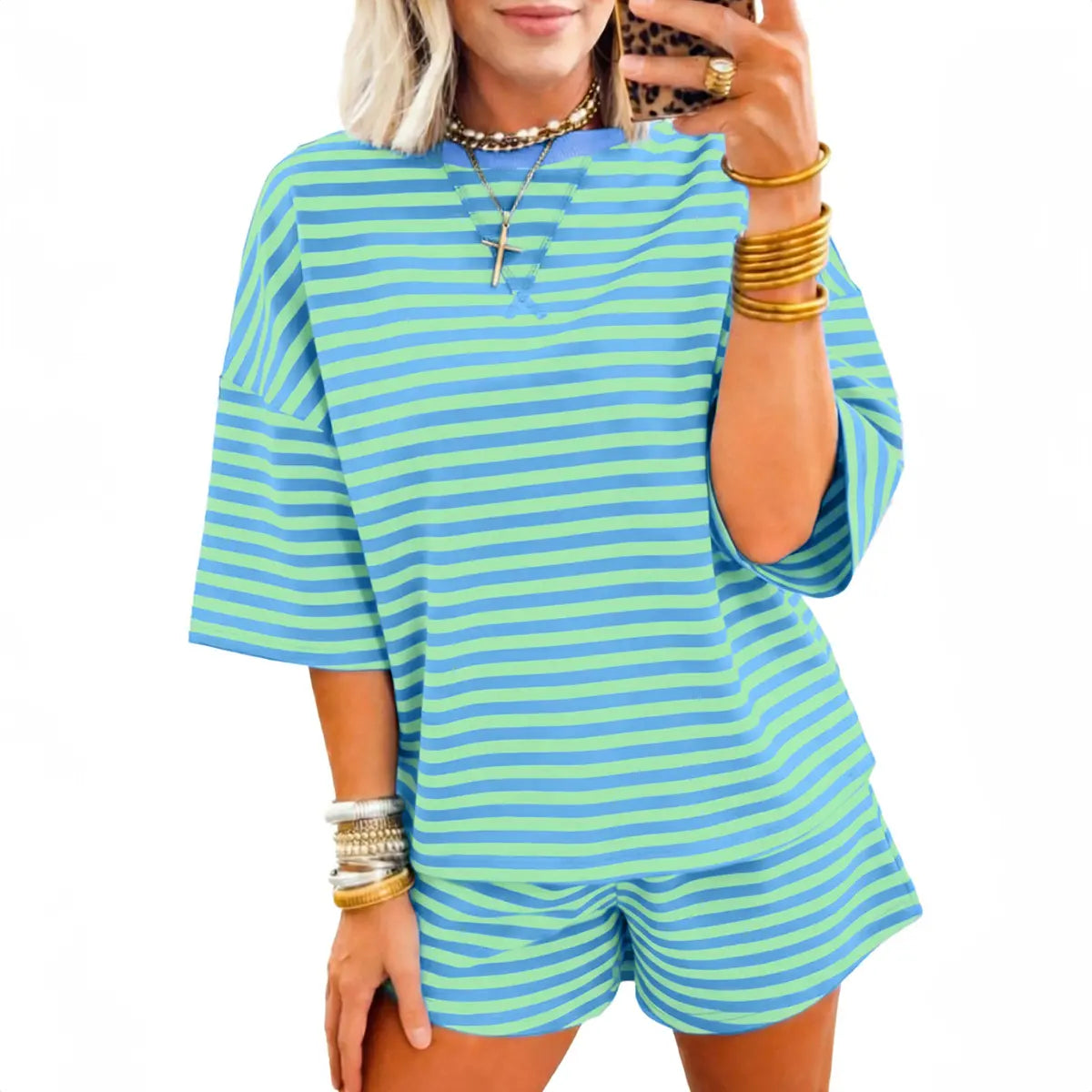 Mntaor Women's Cozy 2-Piece Ribbed Shorts Set Classic Navy Stripes Soft Cotton Blend Perfect for Lounging Sleeping or Casual Streetwear Clothes Womenswear