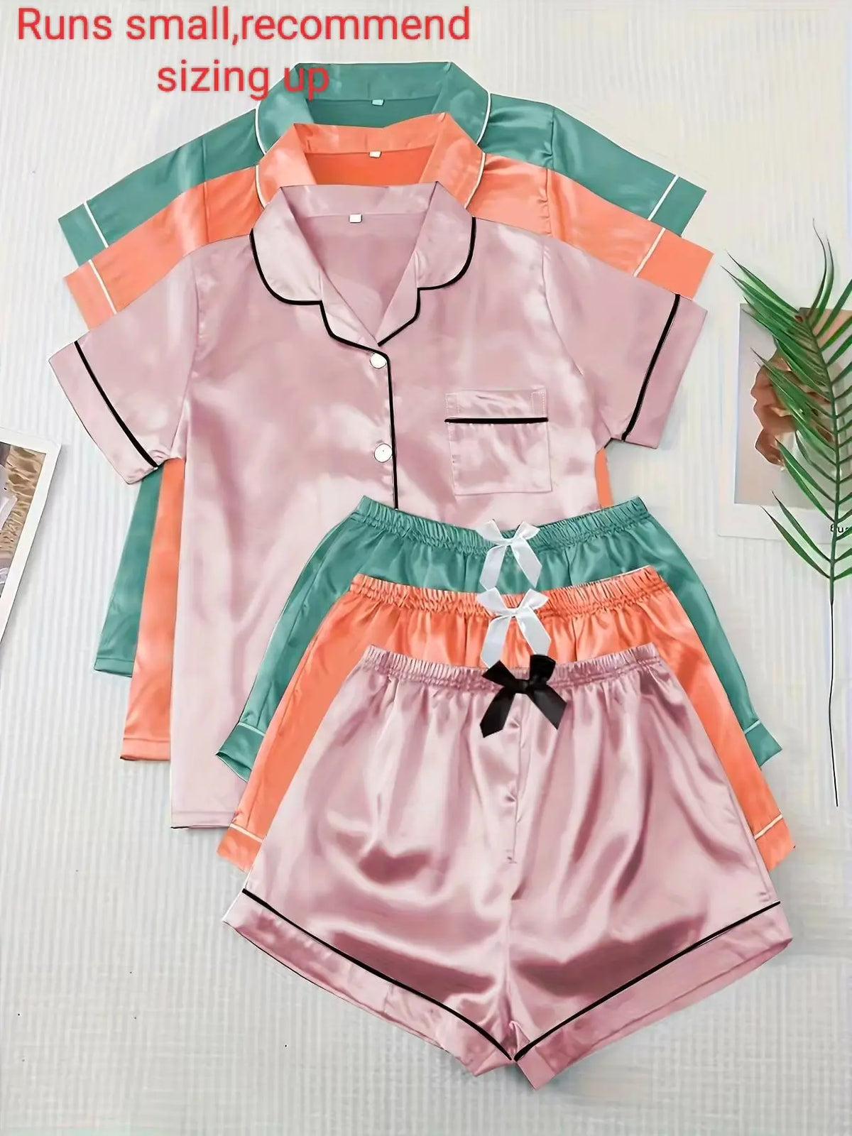 Fashion Six-Piece Women's Satin Pajama Set, Comfortable Summer Sleepwear Loungewear, Button Top and Bow Front Shorts, Casual Fitted Style, Casual Fitted Nightwear