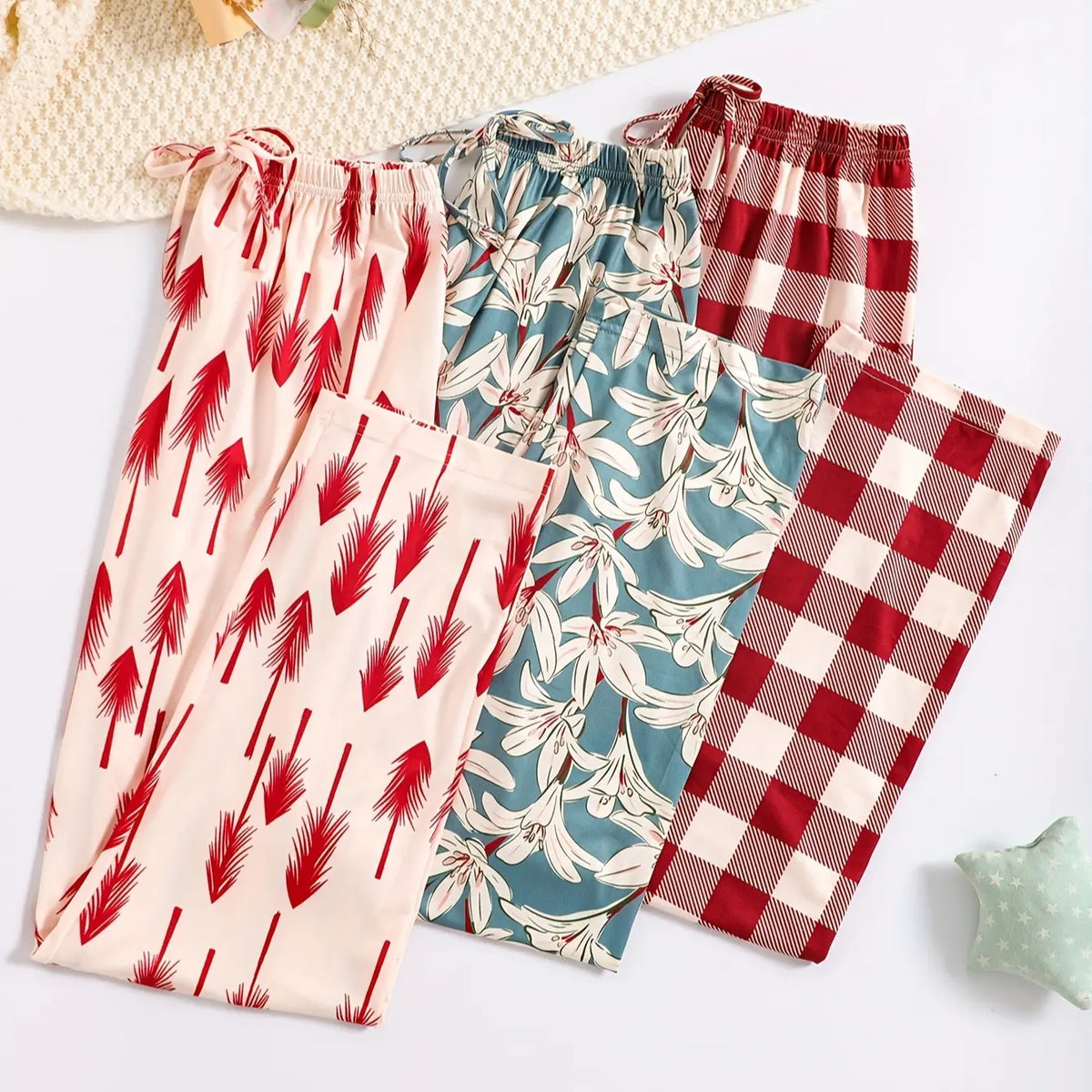 2026 Cute Summer 3 PCS Set Per Pack Sleeping Pants Women's Soft Drawstring Elastic Waist Loose Cute Heart Knit Causal Pajamas Trousers Red PJ Bottom Comfort Loungewear  Fabric Casual Floral Pajama Set pantalón  pijama matching pants pjs pants  pyjama