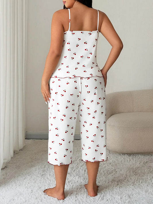 Women's Cherry Print Sleeveless Pajama Set, Cami Top & Wide-Leg Pants, Comfortable Stretch Sleepwear & Loungewear for All Seasons