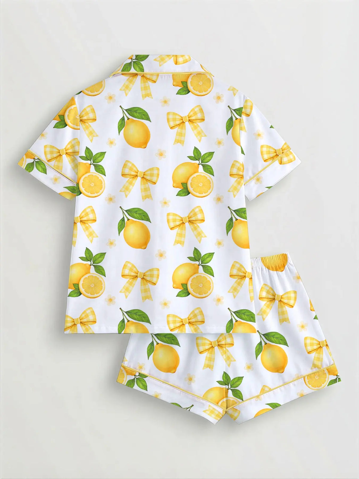 Women's Lemon & Bowknot Print Pyjama Set, Short Sleeve Button-Up Top & Elastic Waist Shorts, Casual Sleepwear & Loungewear for All Seasons, Pajamas