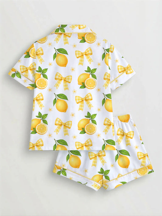 Women's Lemon & Bowknot Print Pyjama Set, Short Sleeve Button-Up Top & Elastic Waist Shorts, Casual Sleepwear & Loungewear for All Seasons, Pajamas