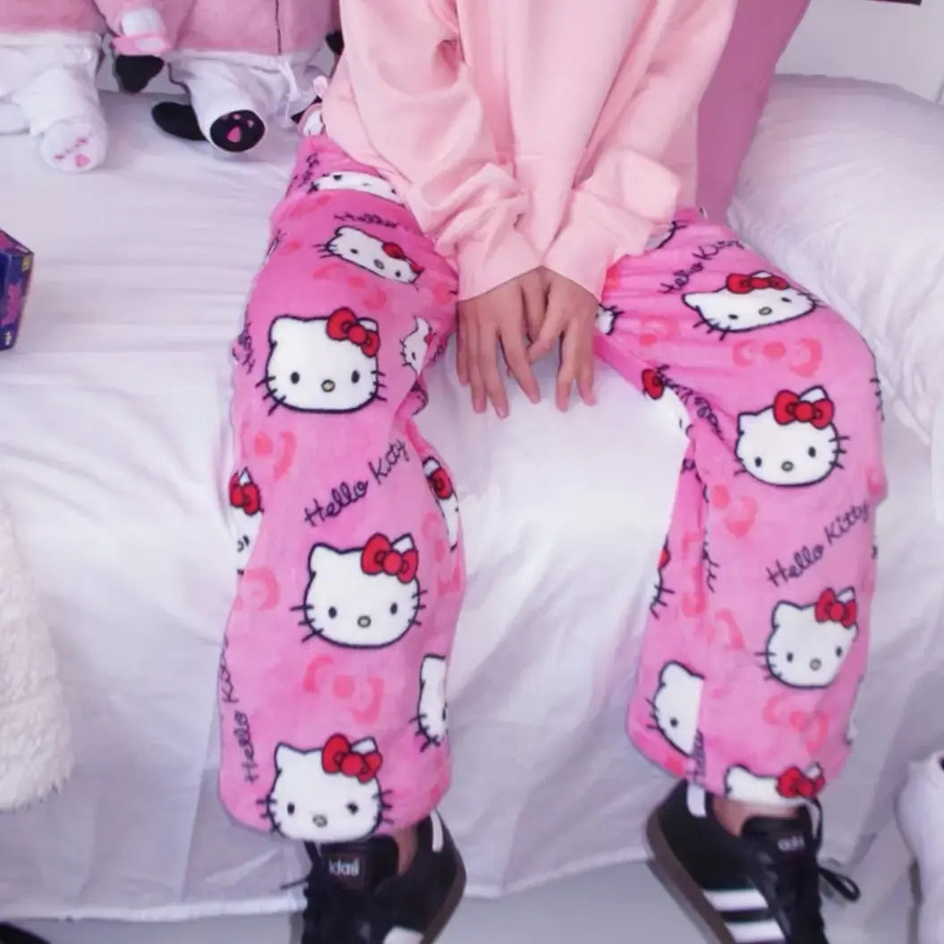 SANRIO Hello Kitty Thick Comfy Pajama Pants for Lady - US Size XS/Asian Size M - Cute and Cozy Y2K 90s Cartoon Pajamas Bottoms - Women's Loungewear - Cold Wash Compatible Nightwear
