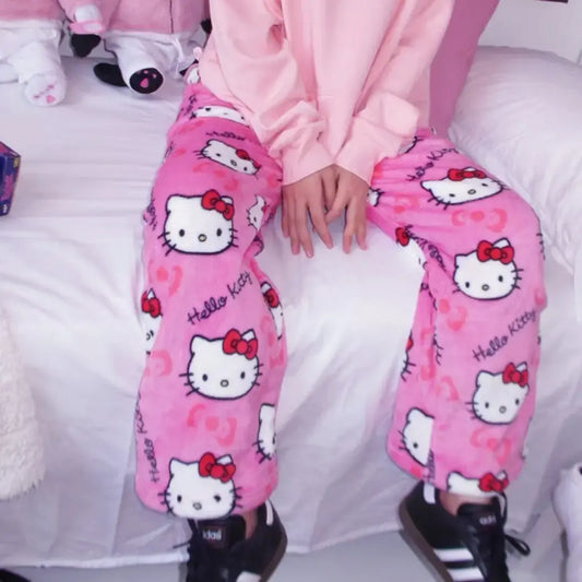 SANRIO Hello Kitty Thick Comfy Pajama Pants for Lady - US Size XS/Asian Size M - Cute and Cozy Y2K 90s Cartoon Pajamas Bottoms - Women's Loungewear - Cold Wash Compatible Nightwear
