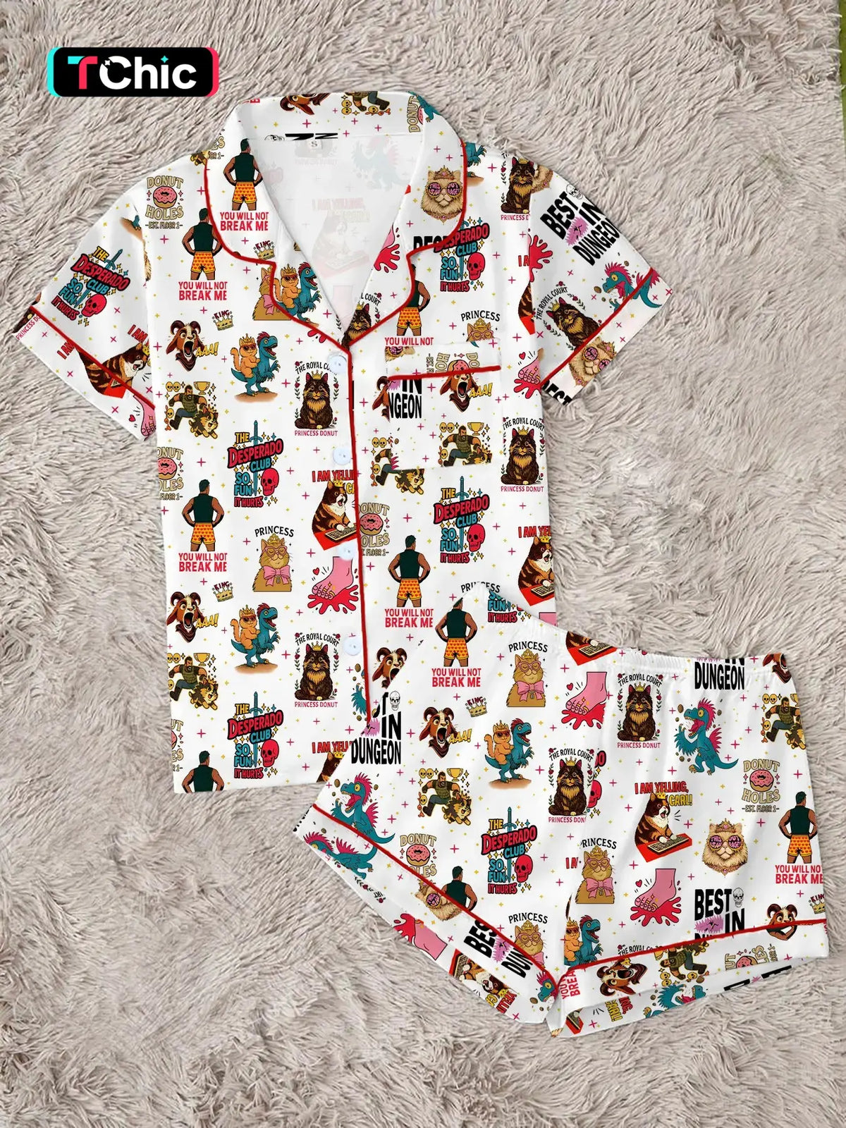 Women's Cute Dungeon Cat Print Pajama Set, Cozy Fantasy Sleepwear Set, Short-Sleeve Fitted Shirt and Pants, Two-Piece Homewear Set, Lightweight Loungewear, Nightwear Pajamas, Nightwear Outfit for Party Wear