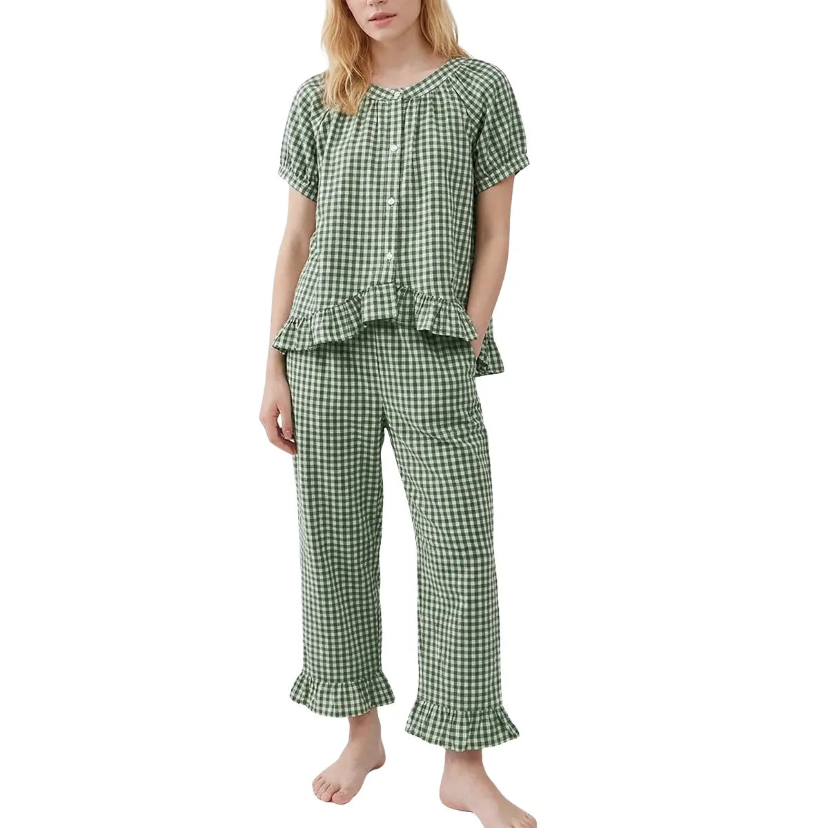 SCUSTY Women Two Piece Sets Y2k Plaid Pajama Sets Ruffle Hem Gingham Short Sleeve Shirt High Waist Bell Bottom Pants Lounge Cute Soft Sets