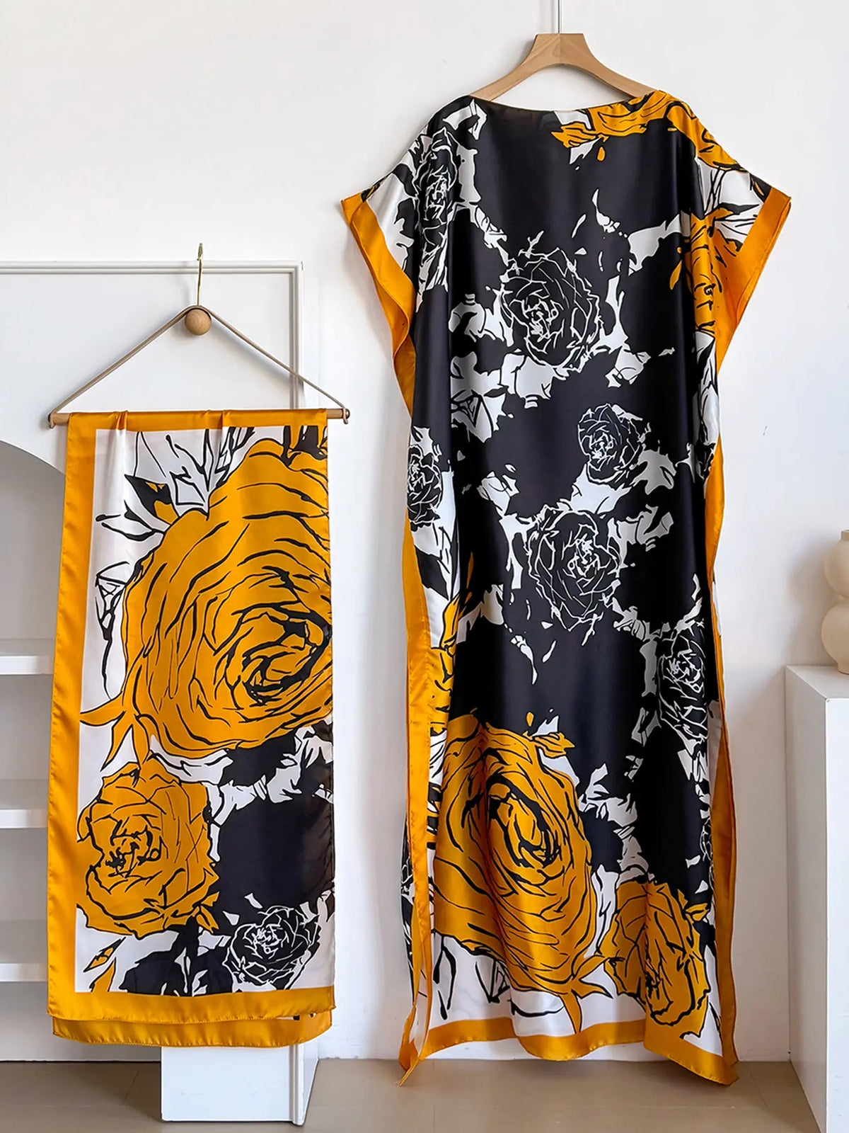 Elegant Floral Print Long Robe Set for Women, Spring Summer Casual Loose Fit, Sun Protection Satin Scarf Included