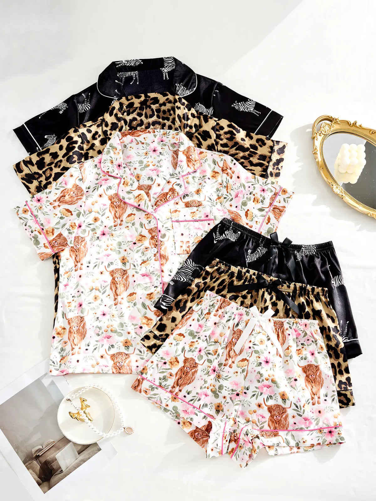 Women's 6-Piece Short-Sleeve Pajama Loungewear Set - Elastic Waist Shorts, Stylish Floral/Leopard Fabric, Elegant Fitted Style, Lounge Set for Women, Valentine Occasions
