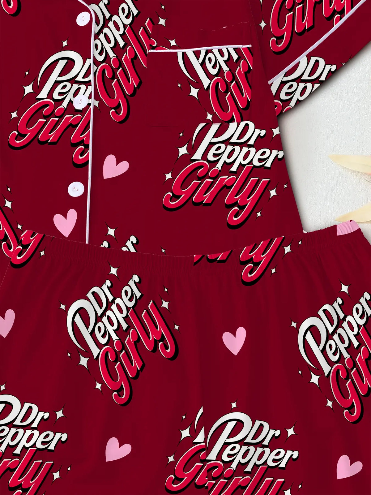 Dr.Pepper girl Women's Valentine's Day Sleepwear Set, Matching Pj Set, Pajama Set, Cute Butterfly Design, Short Sleeve Lapel Button Top & Shorts, Casual Home Wear, All Seasons