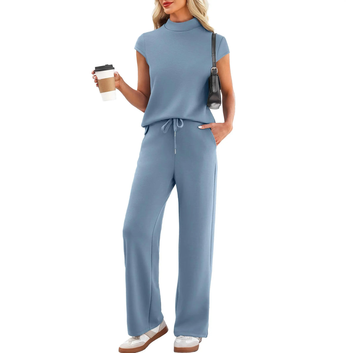 Women's 2-Piece Minimalist Lounge Set - Mock Neck Short Sleeve Top, Wide Leg Drawstring Pants, Breathable Fabric Summer Travel Basics, Cap-Sleeve Chic Sohochic