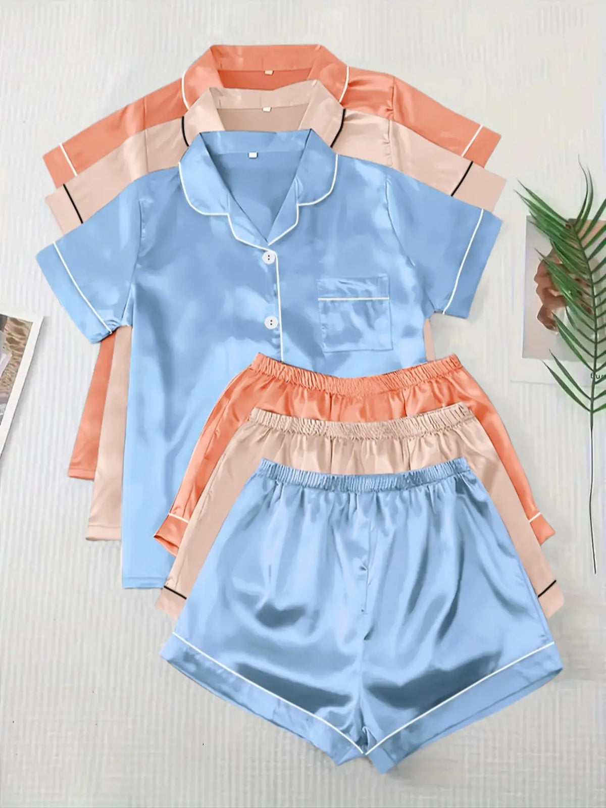 Women's Solid Satin Pyjama Set, Short Sleeve Button Front Lapel Shirt & Contrast Binding Shorts PJ Set, Summer Sleepwear Set, Loungewear, Pajamas, Silky Satin Pajama