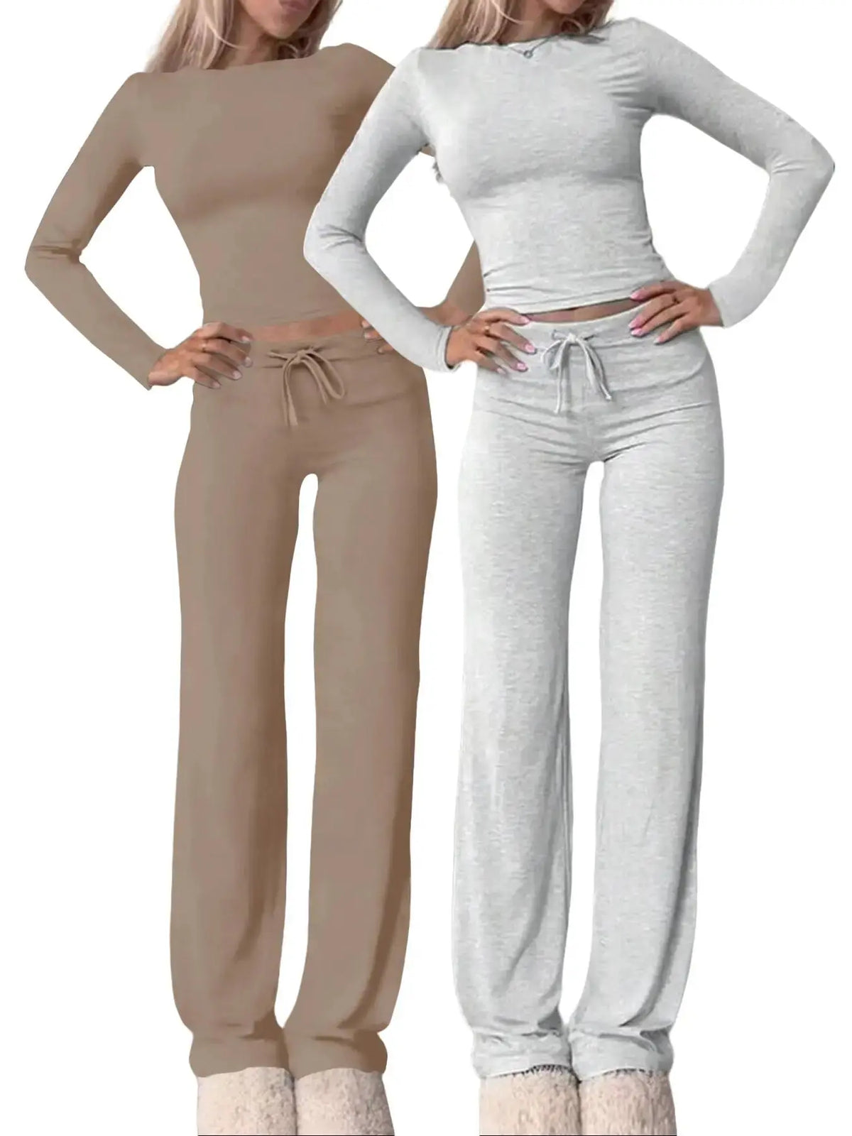 Women's Solid Long Sleeve Crop Top & Drawstring Waist Straight Leg Pants Loungewear Set, Casual Comfy Round Neck Top & Trousers PJ Set, Ladies Sleepwear for Summer & Fall