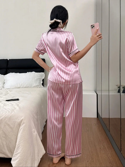 Women's Luxury Striped Satin Sleepwear Set, Soft Fabric Short Sleeve Button-Up Top and Elastic Waist Pants, Casual Home Clothing Loungewear Pjs Set