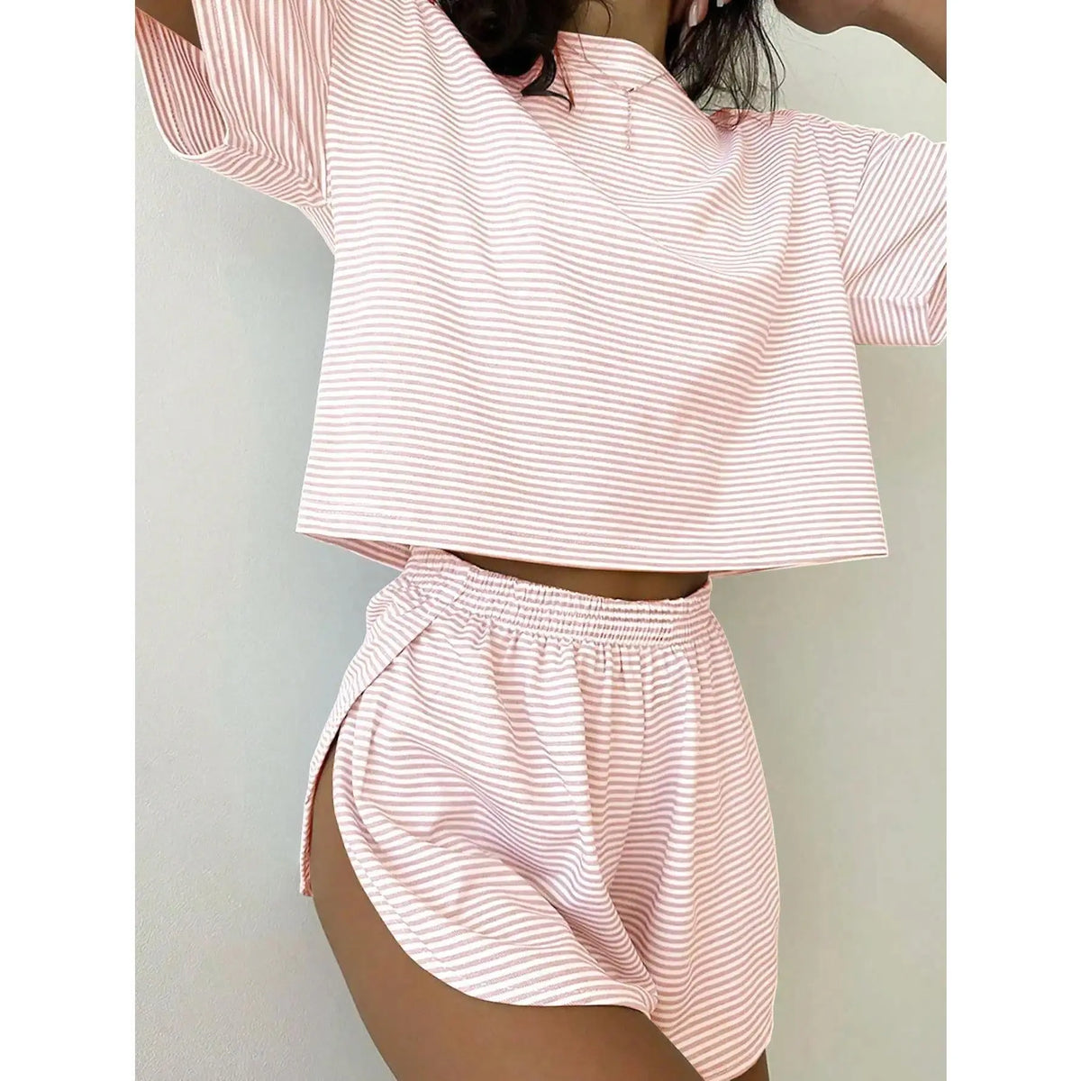 Women's 2-Piece Knitted Nightwear & Loungewear Set - Round Neck Short-Sleeve Loose Top, Split Shorts, Casual Home Wear with Playful Contrasting Stripes, Sohochic