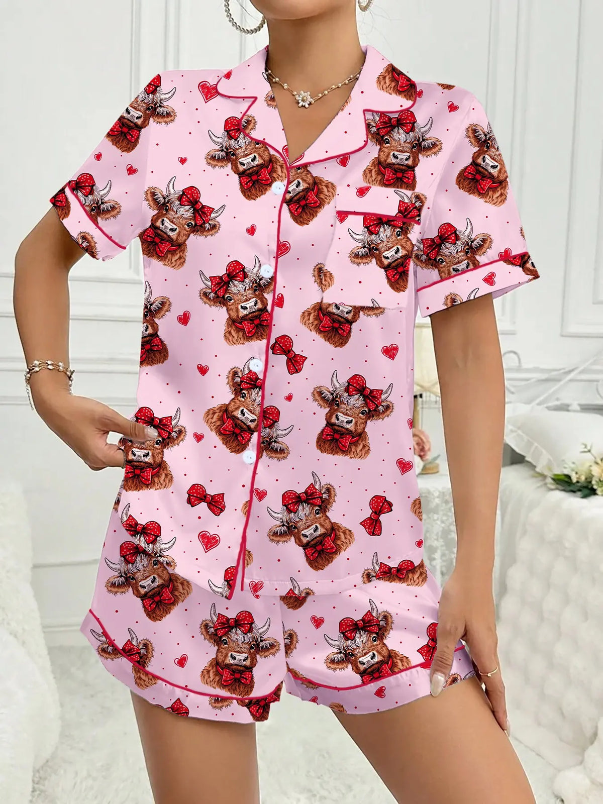 Valentine's Day Women's Sleepwear Loungewear Casual Pajama Set, Comfortable Cute Elastic Highland Cow Milk Cow Pattern Short Shirt and Pants Two-Piece Suit