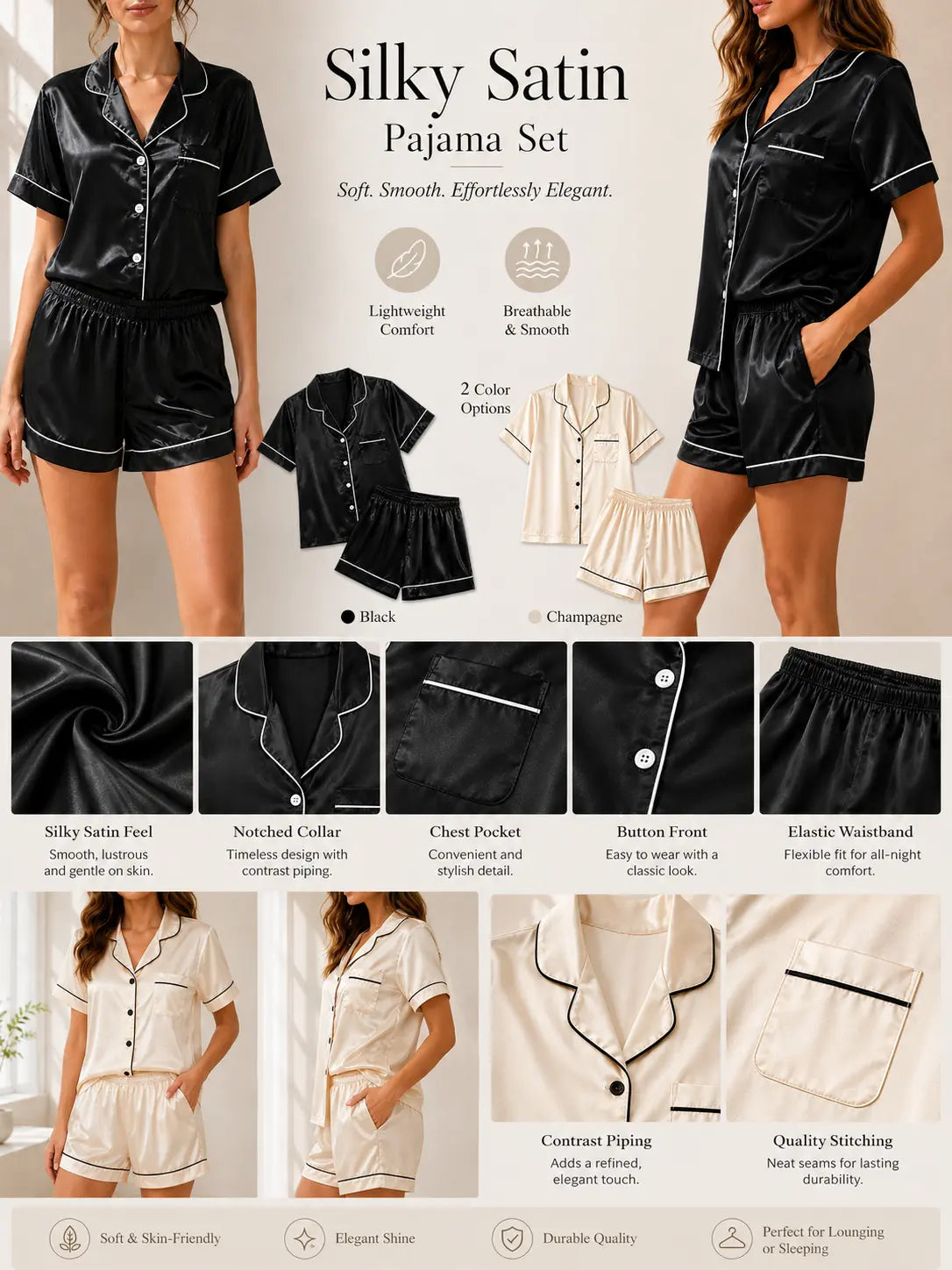 Women’s 2-Piece Satin Pajama Set - Button-Down Short-Sleeve Top, Elastic-Waist Above-Knee Shorts, Everyday Basic Cute Silky Soft Lightweight Home Sleepwear & Loungewear