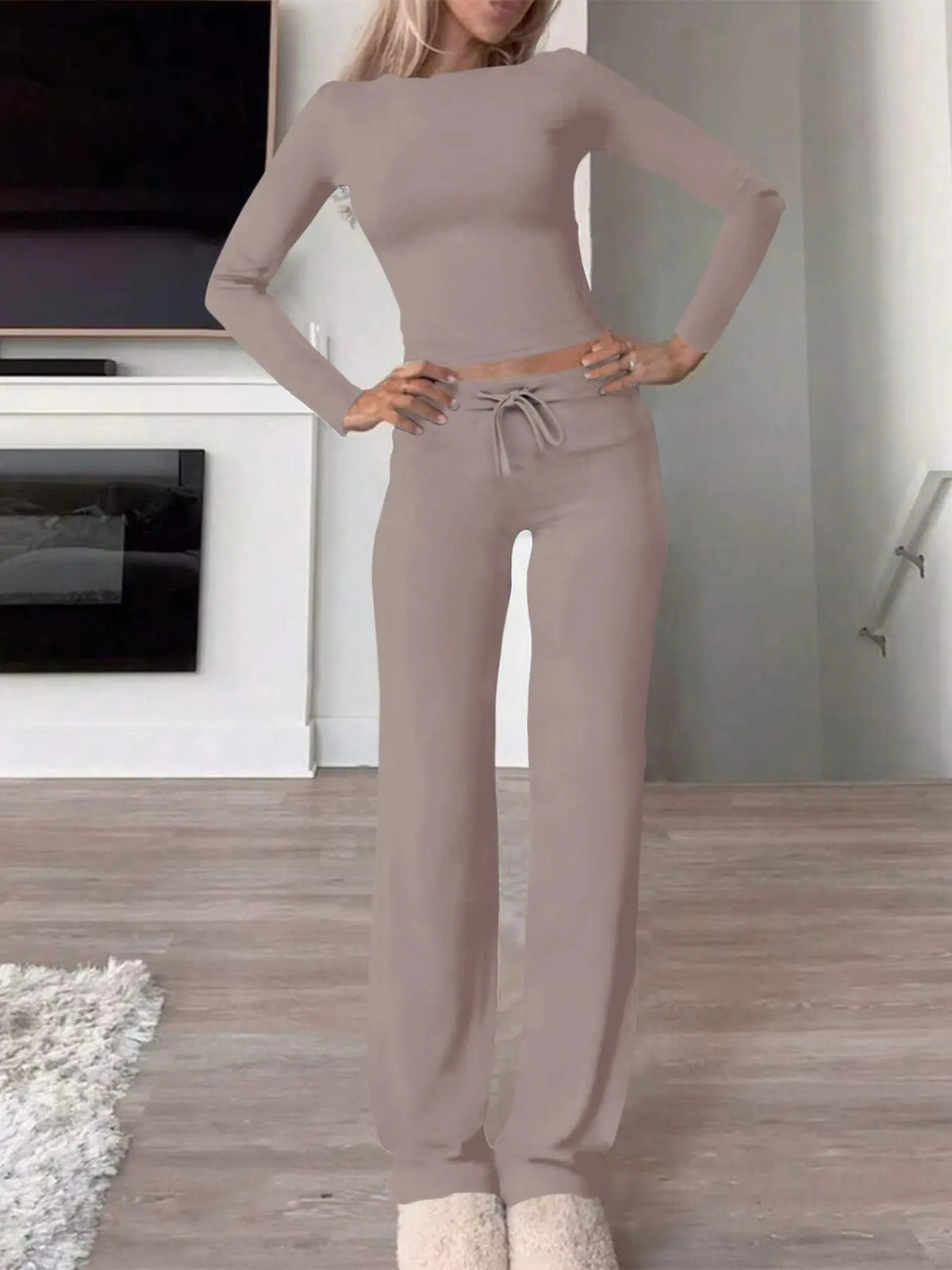 Women's Solid Long Sleeve Crop Top & Drawstring Waist Straight Leg Pants Loungewear Set, Casual Comfy Round Neck Top & Trousers PJ Set, Ladies Sleepwear for Summer & Fall