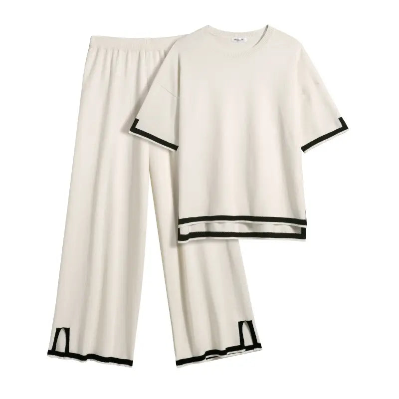 Ekouaer Women's 2-Piece Soft Solid Knitting Rayon Loungewear Set - Crew Neck Pullover Sweater Top with Patchwork Sleeves, Wide Leg Tracksuit Pants with Split Design, Casual Nightwear