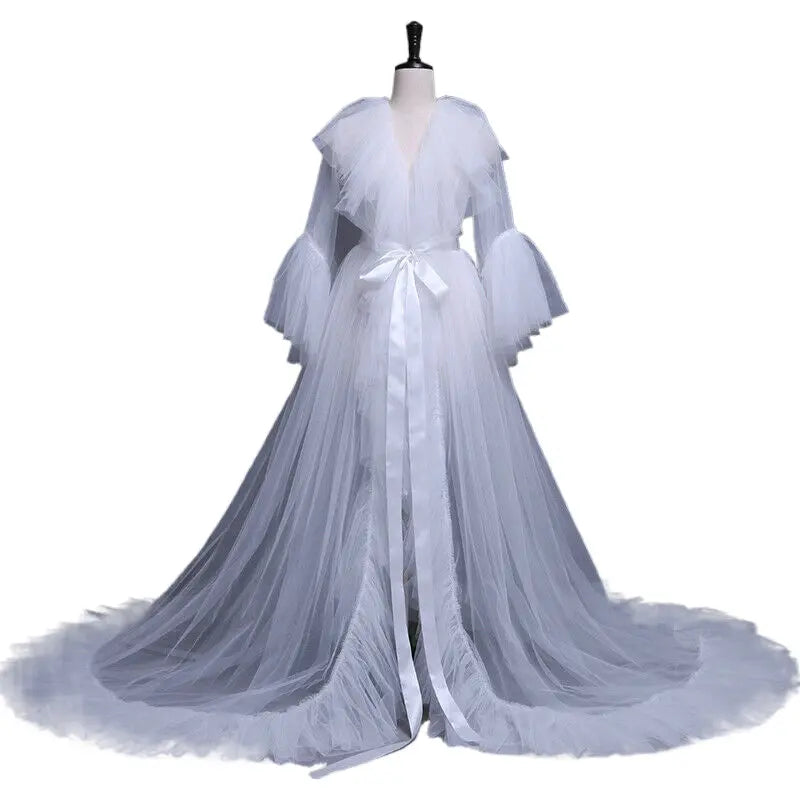 Women Kimono Dress Sheer Tulle V-Neck Long Flare Sleeves Floor Length Night-Robe Lingerie