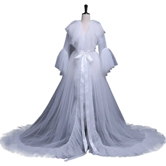 Women Kimono Dress Sheer Tulle V-Neck Long Flare Sleeves Floor Length Night-Robe Lingerie