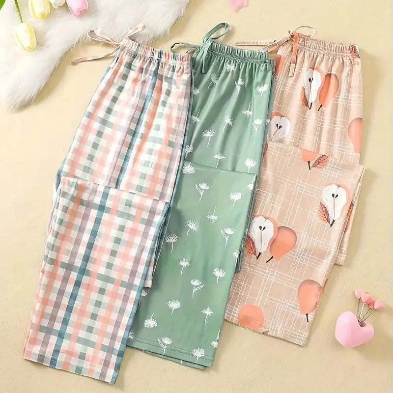 2026 Cute Summer 3 PCS Set Per Pack Sleeping Pants Women's Soft Drawstring Elastic Waist Loose Cute Heart Knit Causal Pajamas Trousers Red PJ Bottom Comfort Loungewear  Fabric Casual Floral Pajama Set pantalón  pijama matching pants pjs pants  pyjama