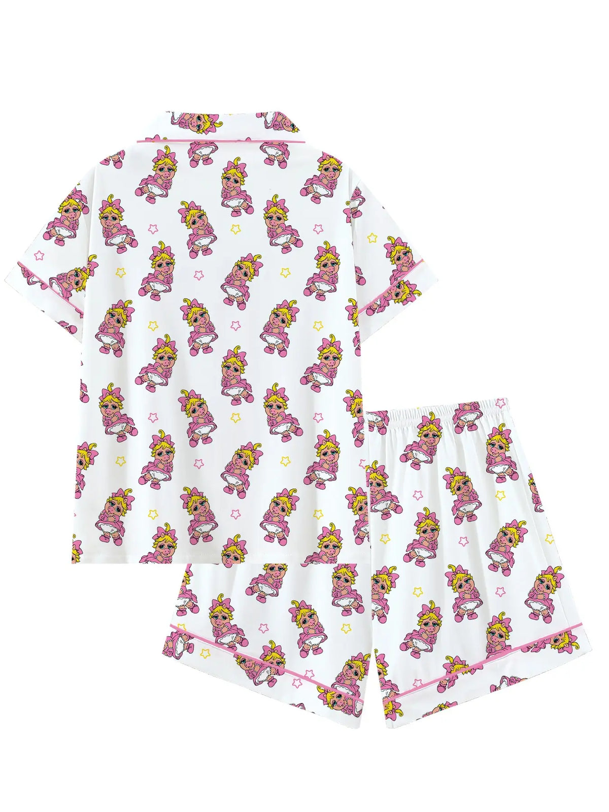 Women's Cute Pink Pig Character Print Pajama Set, Short Sleeve Button Down 2-Piece Loungewear, Pajama Lounge Sets, Adorable Cartoon Pig Sleepwear with Pink Trim,Perfect for Summer Nights & Sleepovers, Lounge Pjs Set
