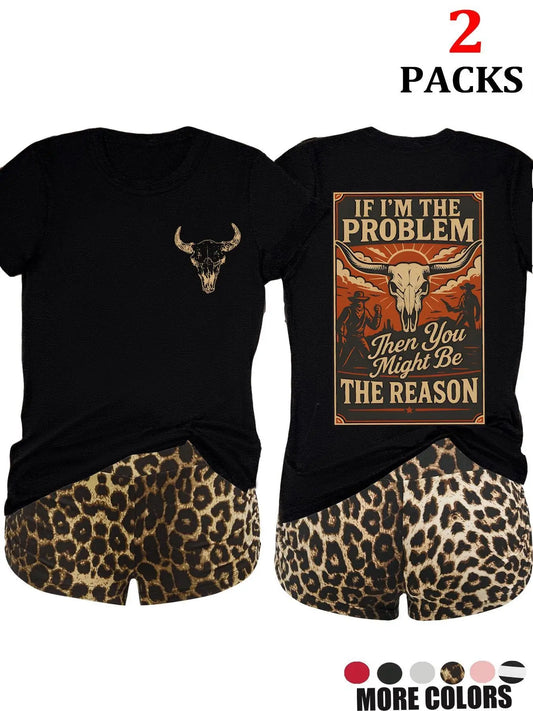 2-Pack Value Set, Matching Short-Sleeve Tees & High-Waisted Leopard Print Shorts, Comfortable Sleepwear for Lazy Days & Cozy Nights, Loungewear Pajama Set