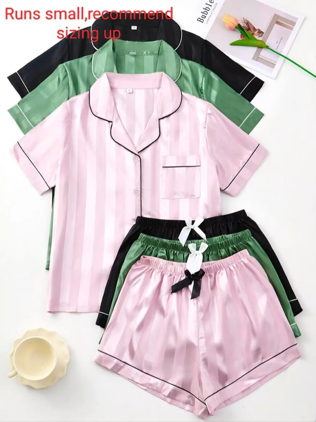 Fashion Six-Piece Women's Satin Pajama Set, Comfortable Summer Sleepwear Loungewear, Button Top and Bow Front Shorts, Casual Fitted Style, Casual Fitted Nightwear