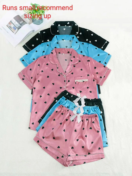 Fashion Six-Piece Women's Satin Pajama Set, Comfortable Summer Sleepwear Loungewear, Button Top and Bow Front Shorts, Casual Fitted Style, Casual Fitted Nightwear