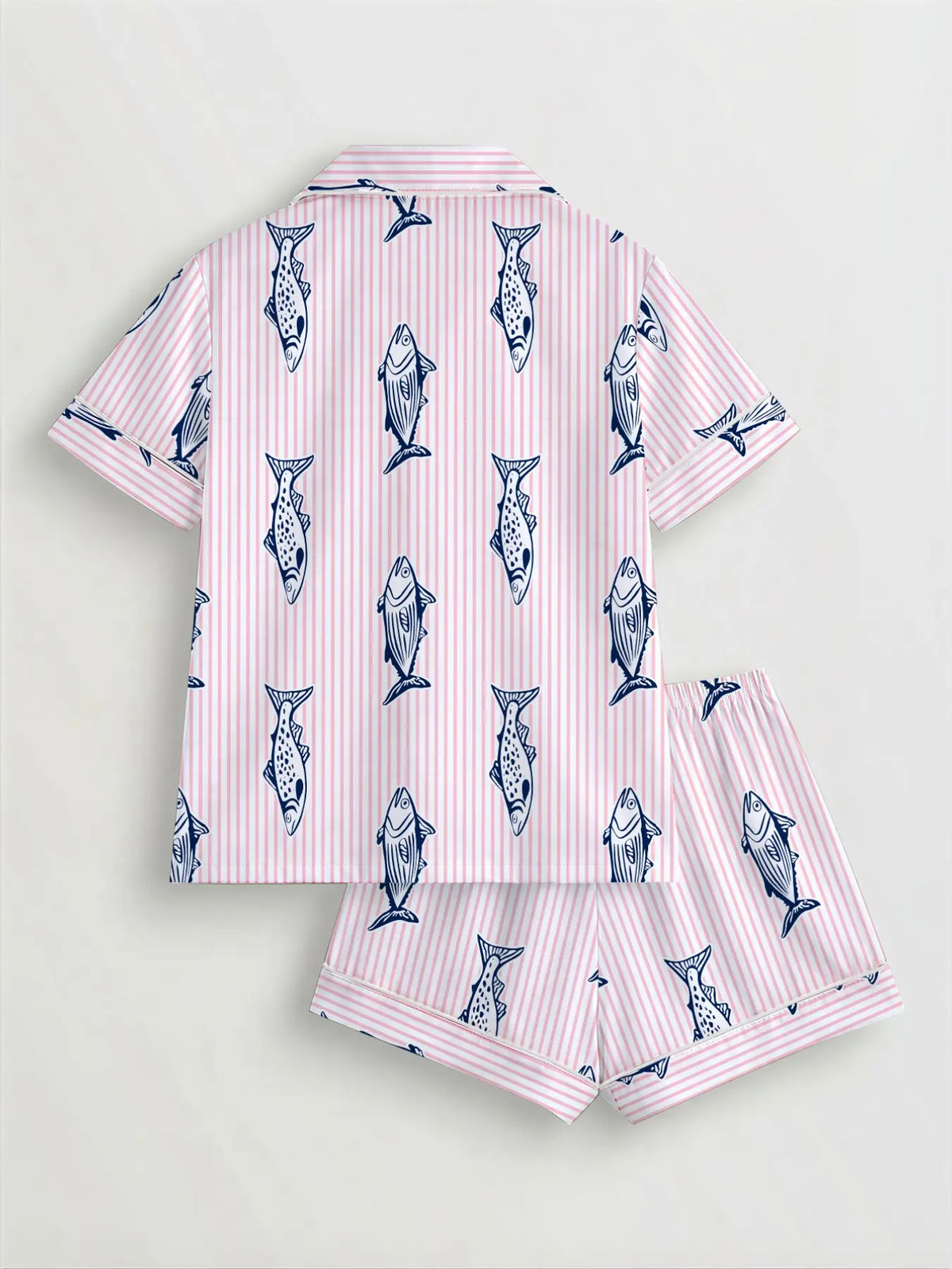 Women's Fish-Print Pajama Set, Short-Sleeve Button-Up Top and Elastic Shorts, Comfortable All-Season Loungewear for Home