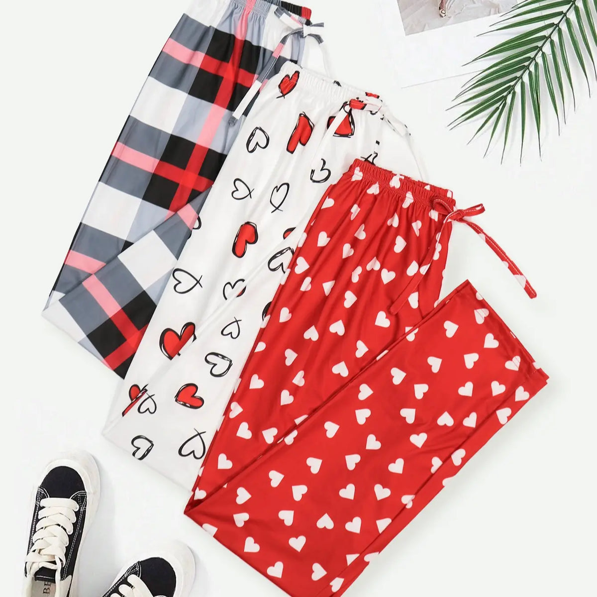 2026 Cute Summer 3 PCS Set Per Pack Sleeping Pants Women's Soft Drawstring Elastic Waist Loose Cute Heart Knit Causal Pajamas Trousers Red PJ Bottom Comfort Loungewear  Fabric Casual Floral Pajama Set pantalón  pijama matching pants pjs pants  pyjama