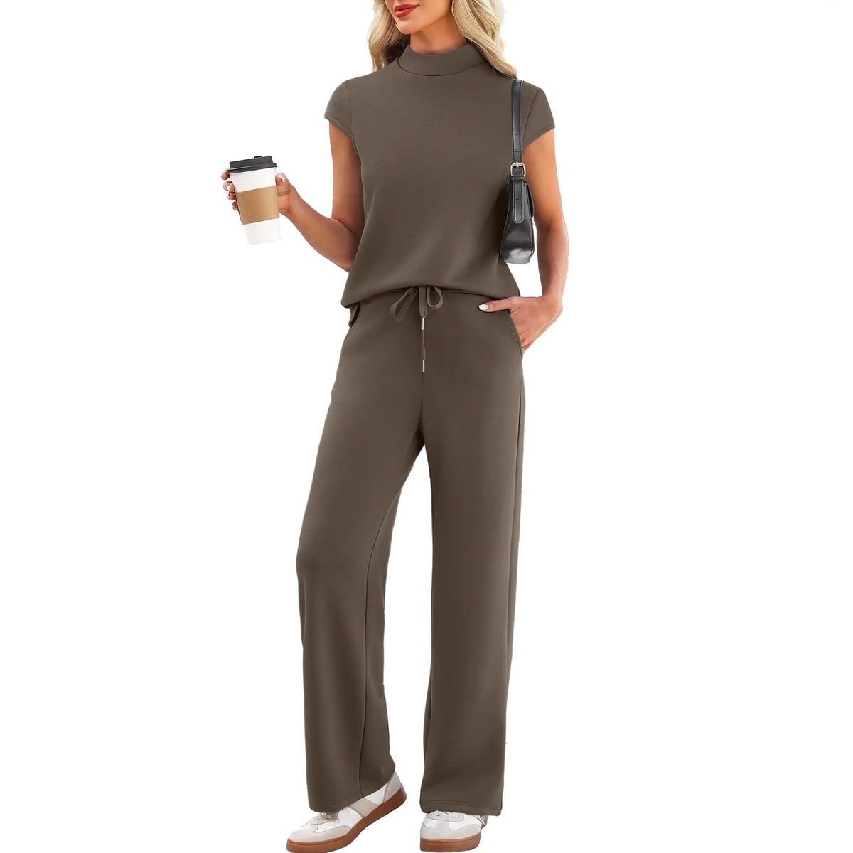 Women's 2-Piece Minimalist Lounge Set - Mock Neck Short Sleeve Top, Wide Leg Drawstring Pants, Breathable Fabric Summer Travel Basics, Cap-Sleeve Chic Sohochic