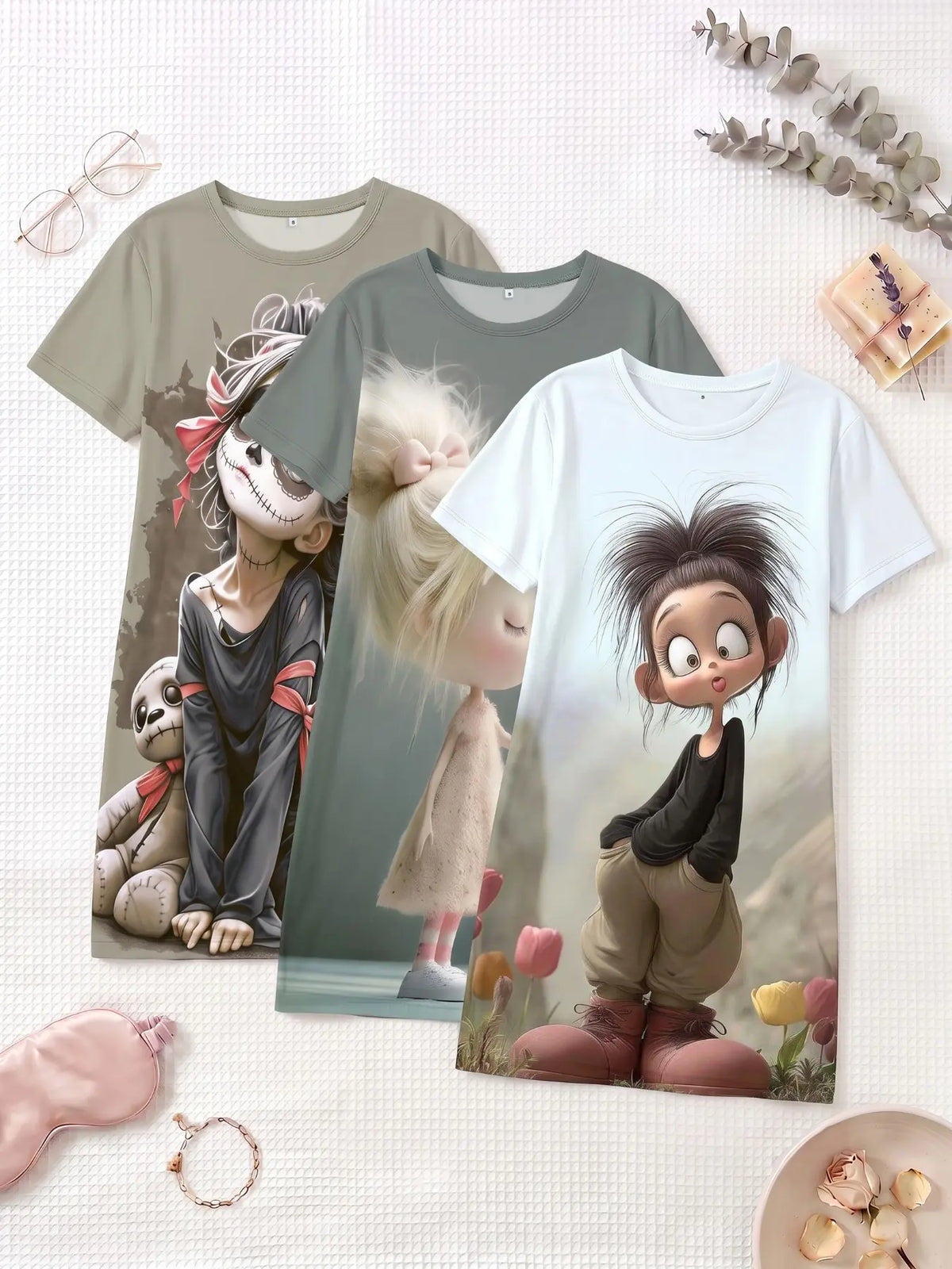 3-Piece Set Cute Plush Animal Large Print Short Sleeve Round Neck Women's Nightgown Pajamas Pjs, Spring Summer Autumn Wear, Casual Home Sleepwear