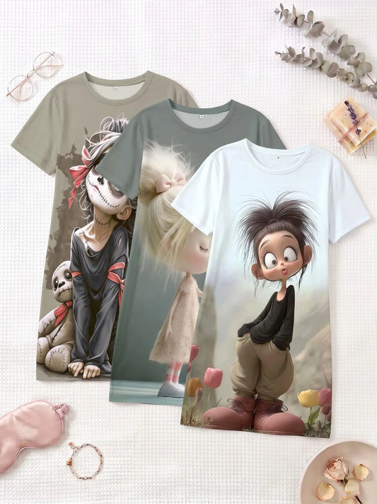 3-Piece Set Cute Plush Animal Large Print Short Sleeve Round Neck Women's Nightgown Pajamas Pjs, Spring Summer Autumn Wear, Casual Home Sleepwear