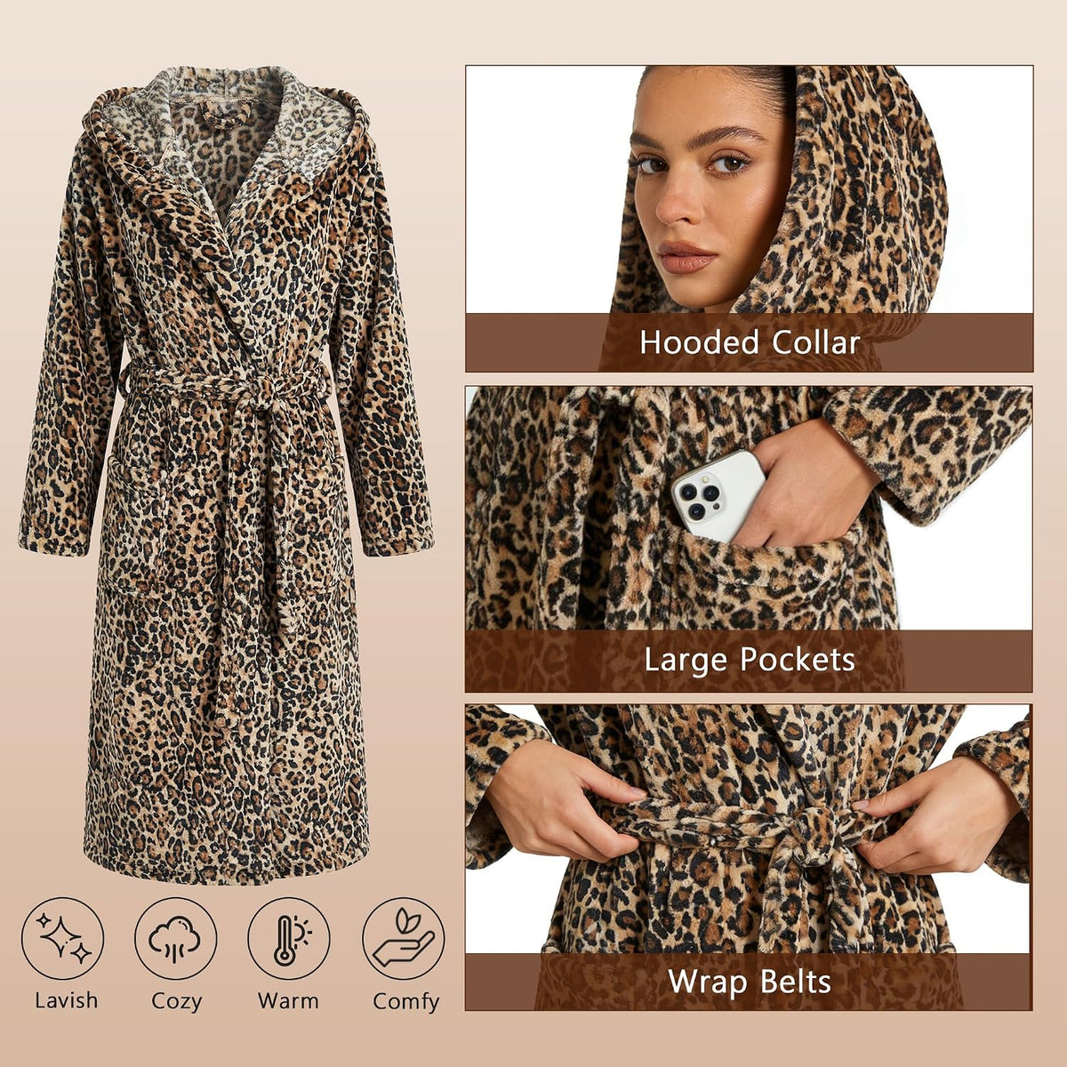 HEARTNICE Womens Hooded Fleece Robe, Soft Bathrobe for Womens, Cute Long House Coat