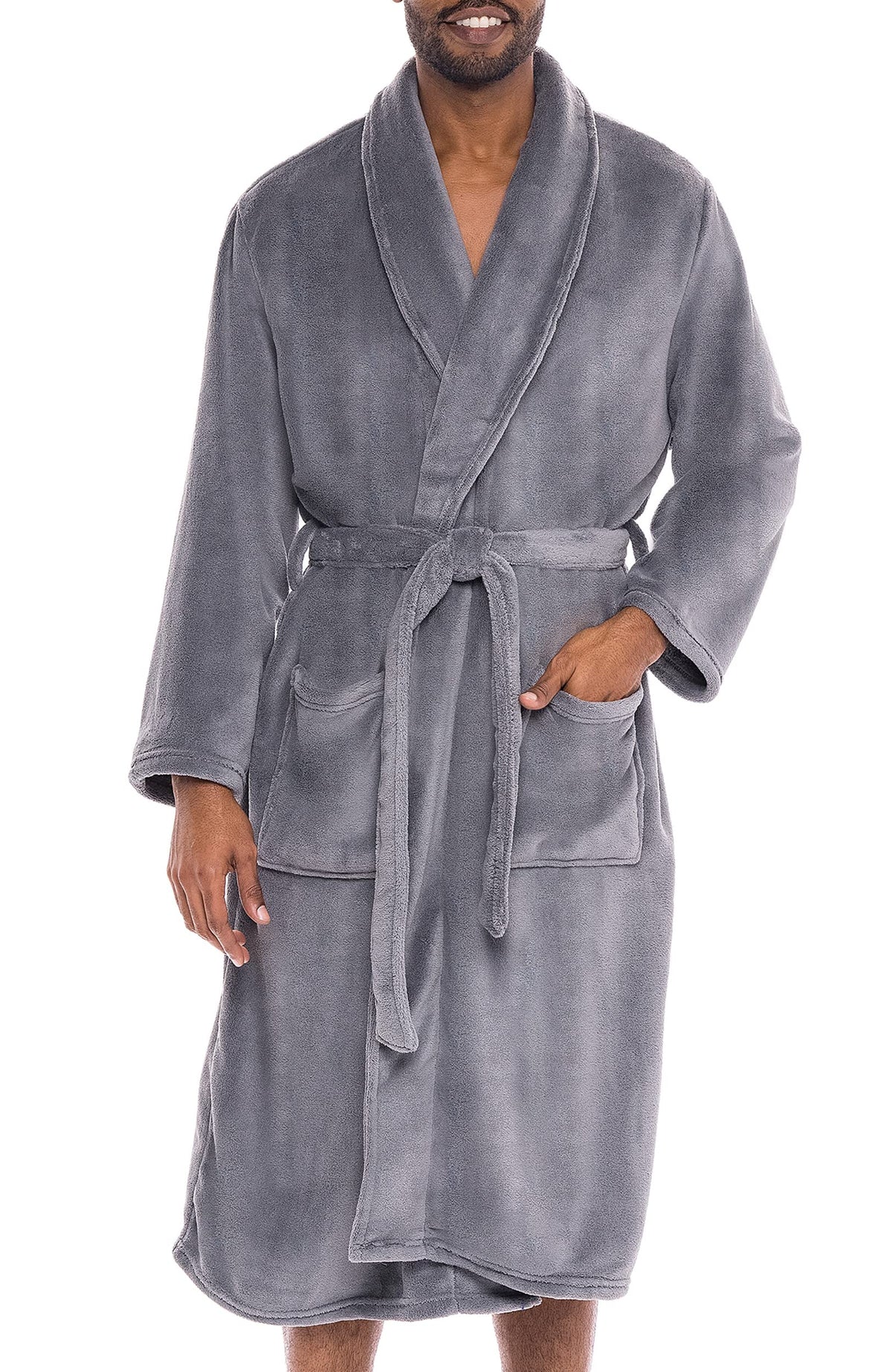 Men's Long Sleeve Lightweight Fleece Robe with Pockets, Bathrobe