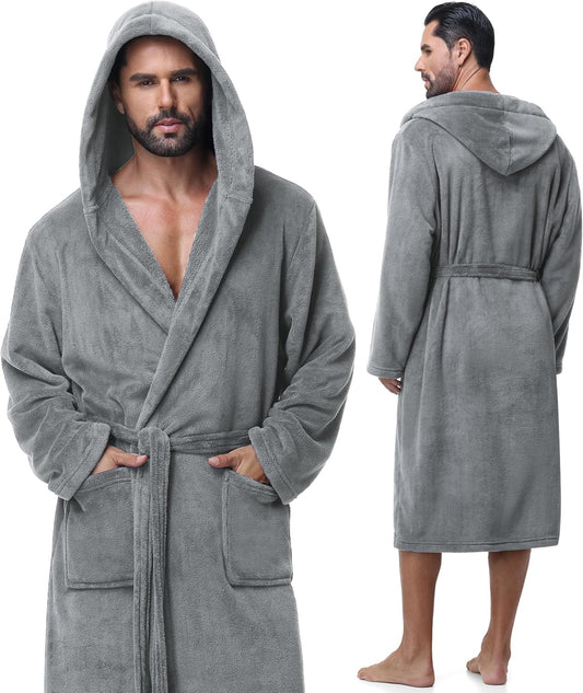 Absorbent Fleece Mens Robe with Hood Warm Cozy Ultra Soft Bathrobe Luxury Quick Dry Spa Towel Robe for Men