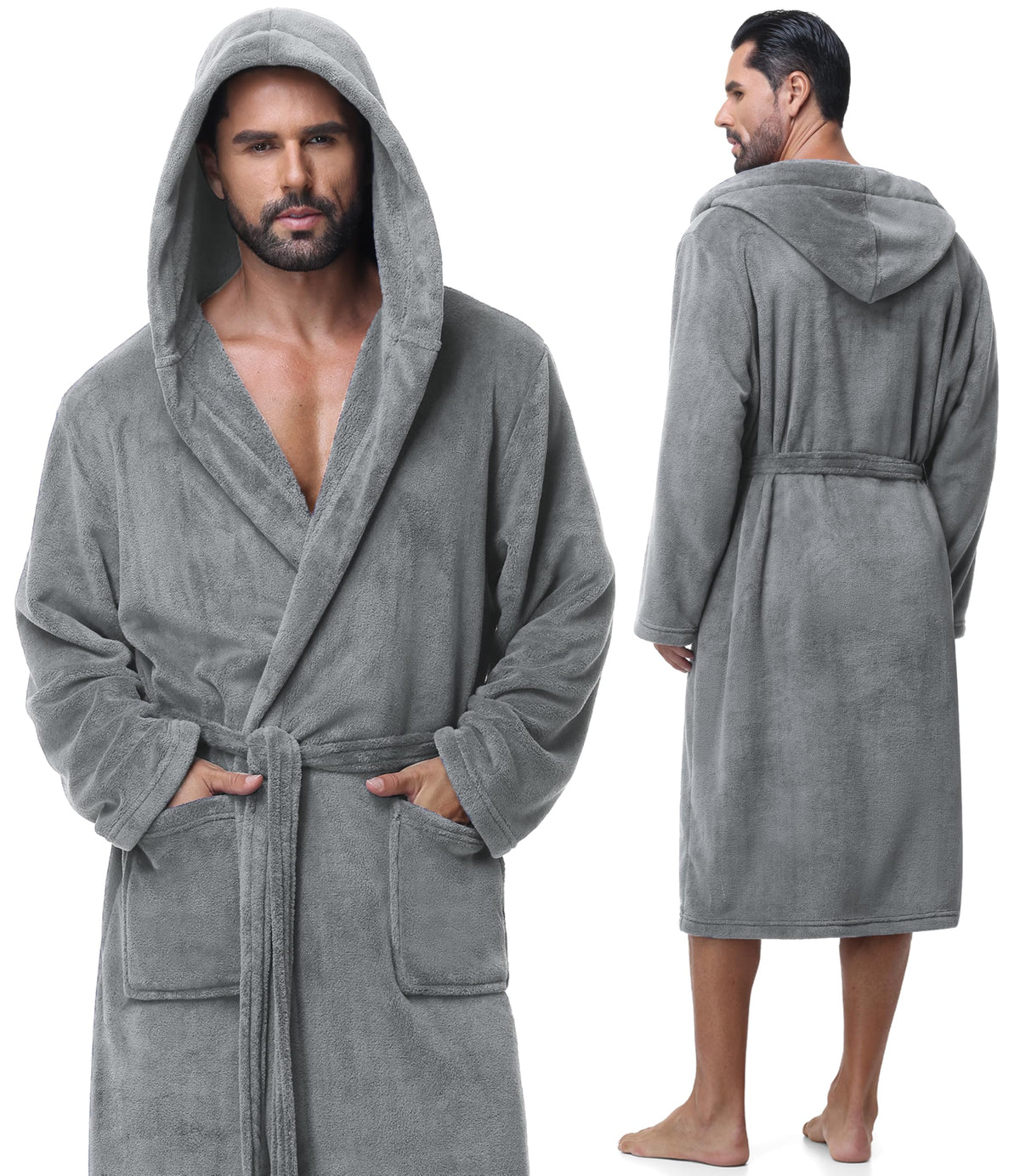 Absorbent Fleece Mens Robe with Hood Warm Cozy Ultra Soft Bathrobe Luxury Quick Dry Spa Towel Robe for Men