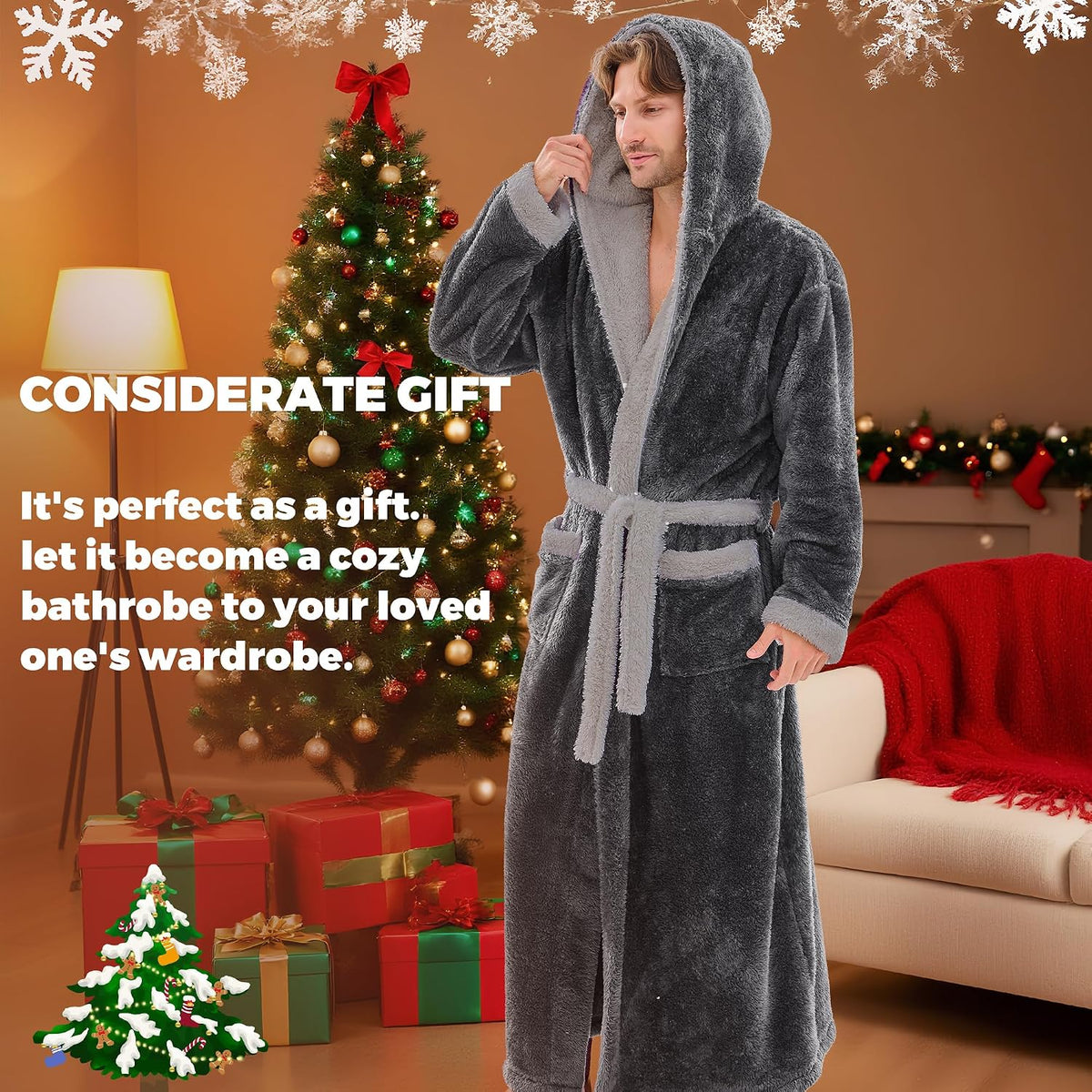 PJGGZ Mens Plush Robes Full Length, Big and Tall Fleece Hooded Bathrobe Warm Fluffy Cozy Winter Housecoat Floor Length