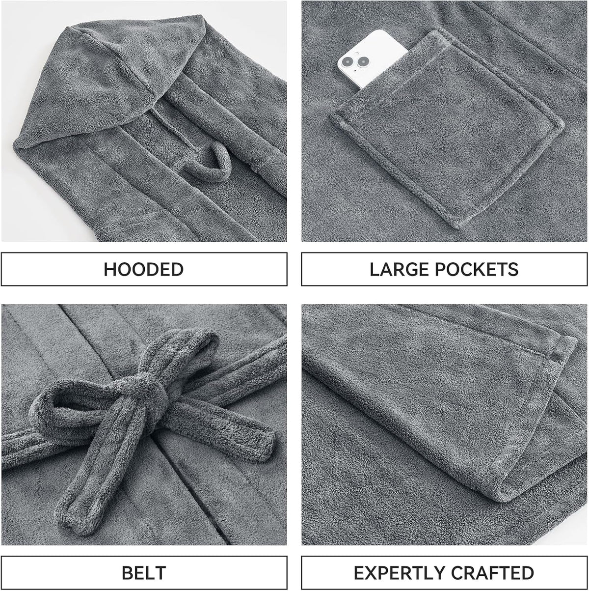 Absorbent Fleece Mens Robe with Hood Warm Cozy Ultra Soft Bathrobe Luxury Quick Dry Spa Towel Robe for Men