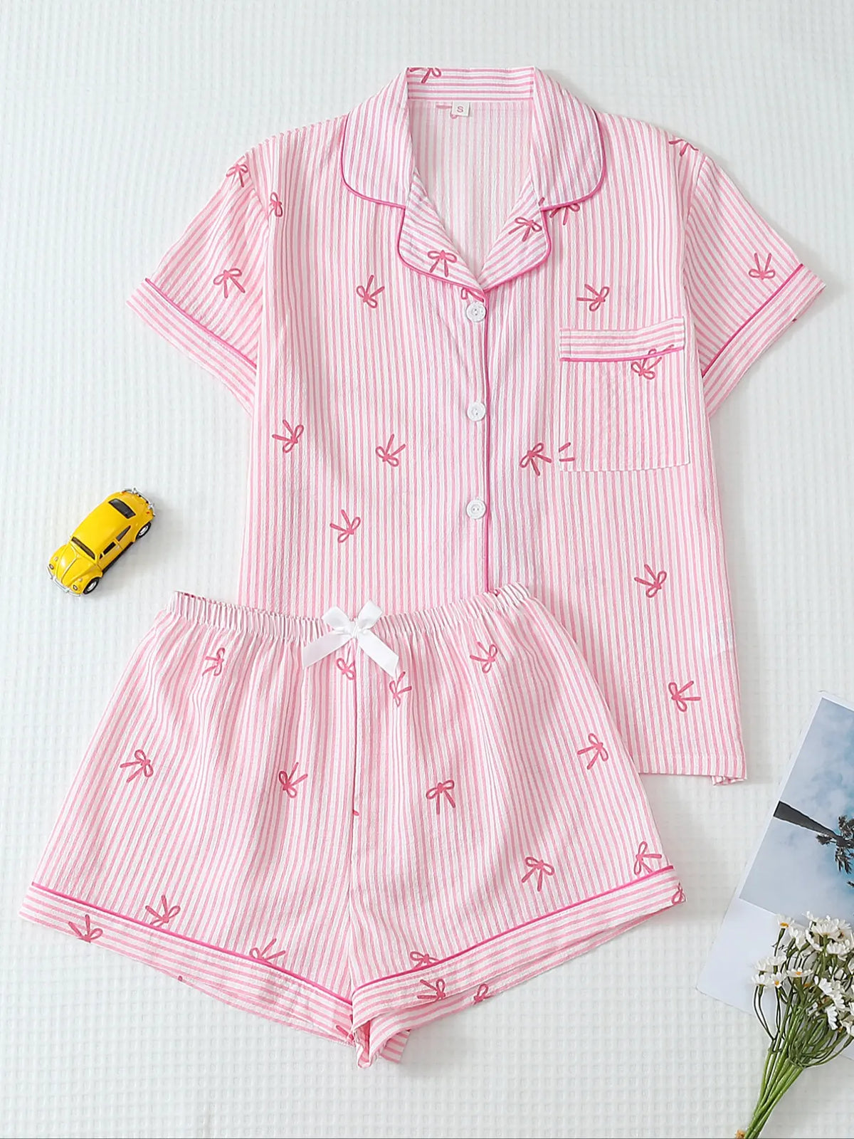 Women's Bow Print Stripe Shirt & Shorts Pyjama, Casual Comfy Short Sleeve Woven Pj Set, Ladies Sleepwear for Summer, Pajamas Sleepwear, Loungewear, Pajama Set