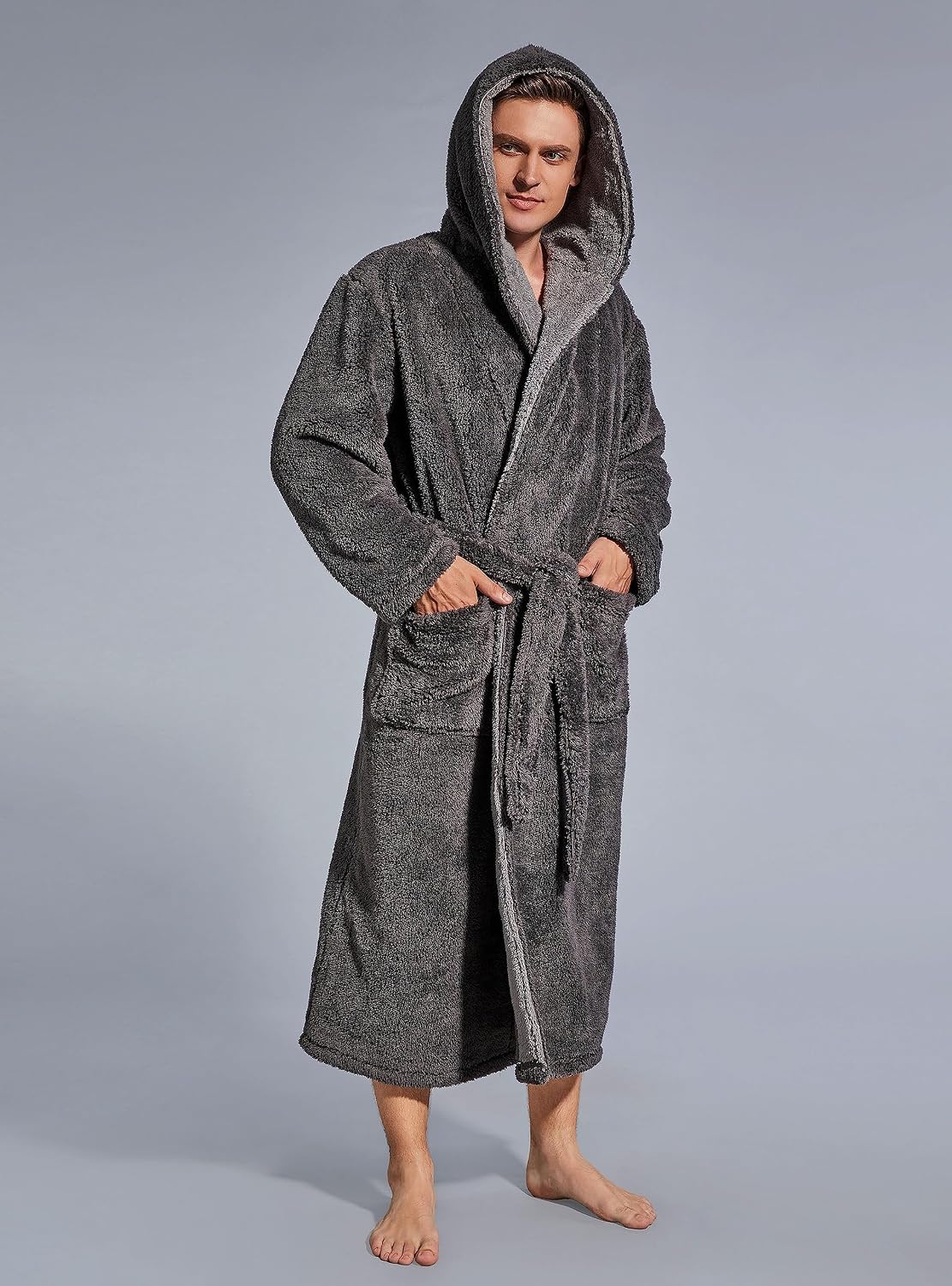 SlumberMee Mens Hooded Robe Heavyweight Plush Fleece Full Length Bathrobe