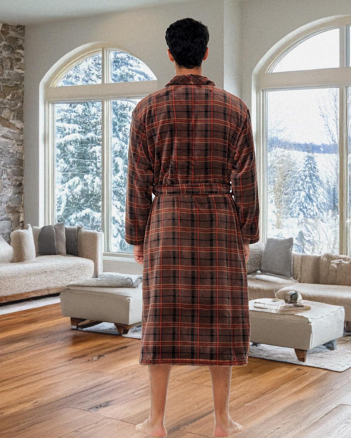 Men's Long Sleeve Lightweight Fleece Robe with Pockets, Bathrobe